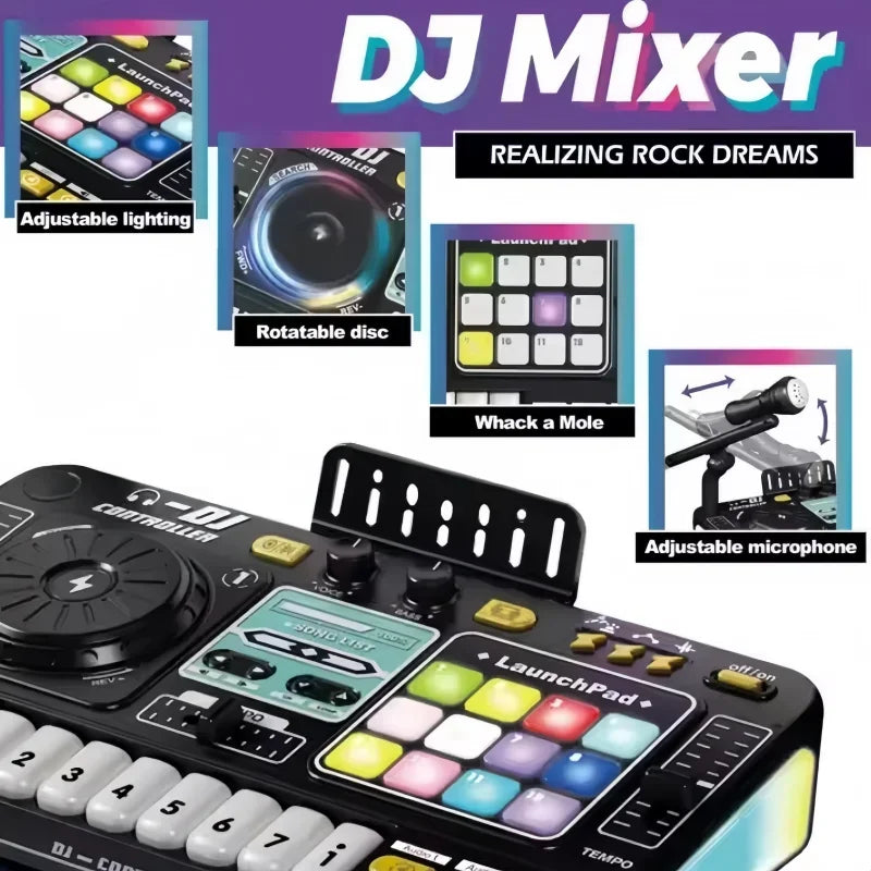 Black plastic simulation dj mixer with colorful pads and piano keyboard learning features birthday gift boy girls