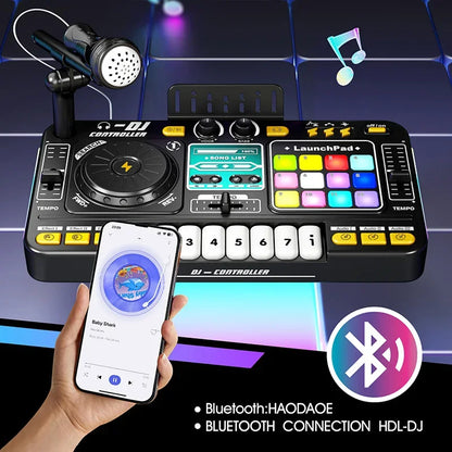 Black toy simulation dj mixer with colorful illuminated buttons and built-in microphone multifunctional controller toy