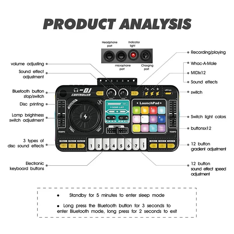 Black and yellow simulation dj mixer controller toys with colorful launchpad grid multifunctional music effects keyboard