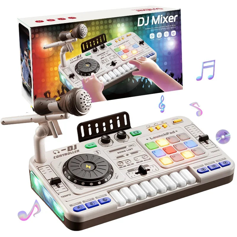White and gray simulation dj mixer with colorful illuminated buttons and microphones piano keyboard learning toy birthday gift boy