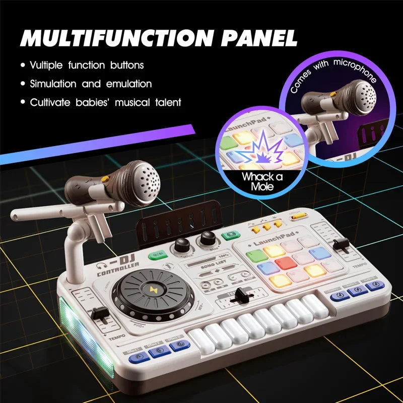 White plastic simulation dj mixer toy with colorful buttons piano keyboard learning and two microphones birthday gift boy