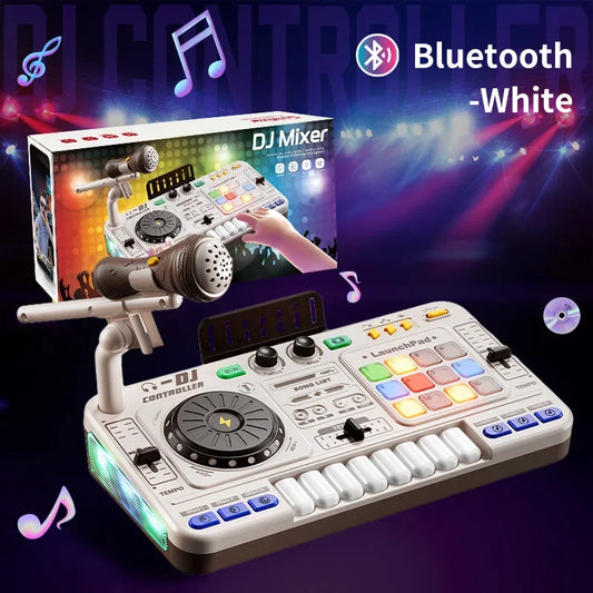 White bluetooth simulation dj mixer controller toy with colorful illuminated buttons and piano keyboard learning features perfect birthday gift boy