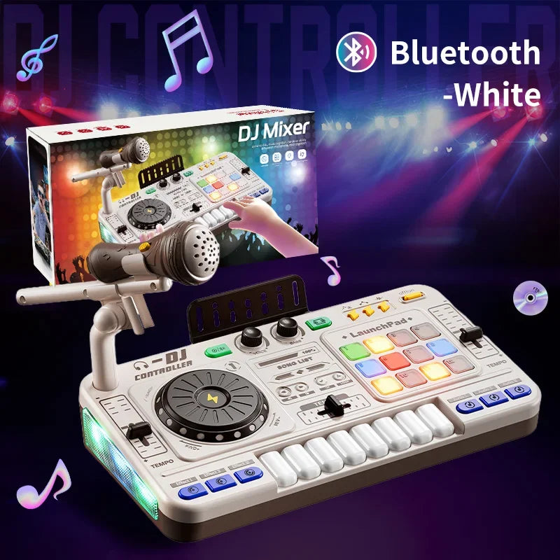 White bluetooth simulation dj mixer with colorful illuminated buttons mixer controller toys multifunctional for kids