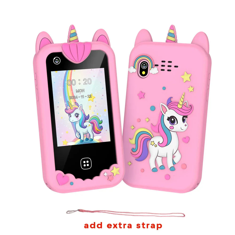 Pink unicorn-themed kids smart phone case made of soft silicone with cartoon design and rainbow accents for cell phone toys dual camera
