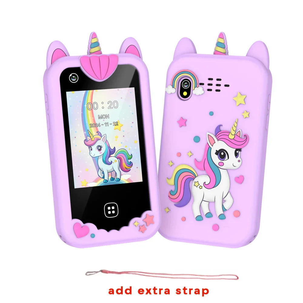 Pink unicorn-themed silicone phone case with rainbow mane and horn for kids smart phone cell phone toys dual camera use