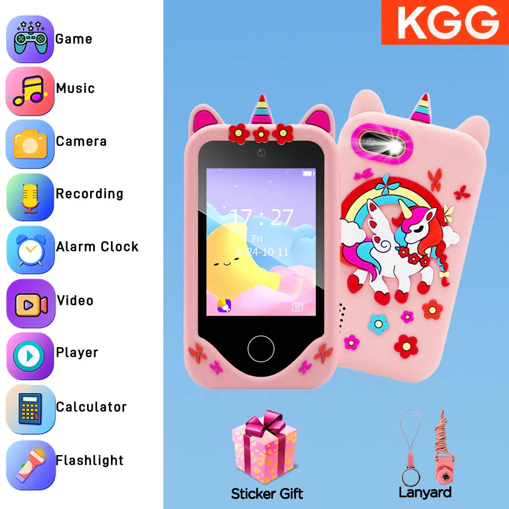 Pink unicorn-themed kids smart phone with soft silicone case and toys dual camera for birthday gifts