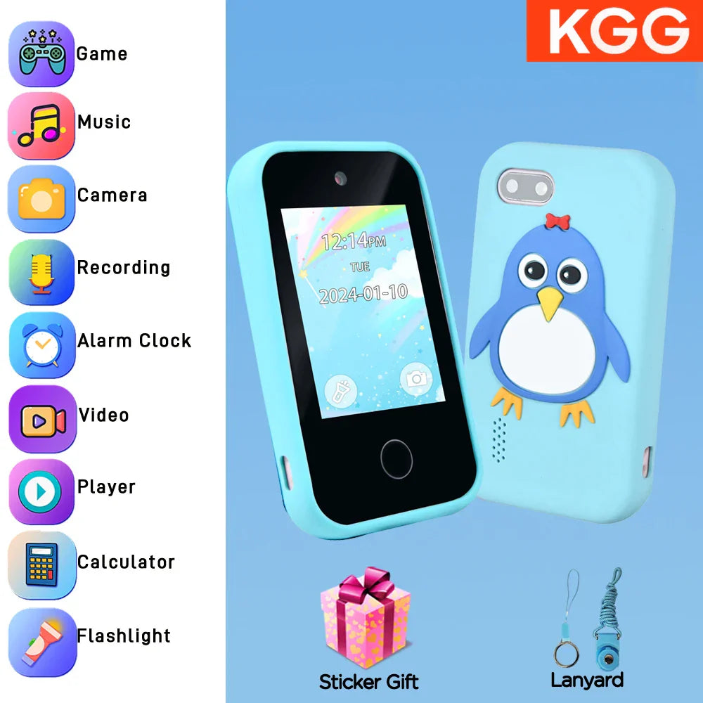 Light blue penguin-themed silicone phone case with cartoon design and lanyard for kids smart phone toys dual camera use