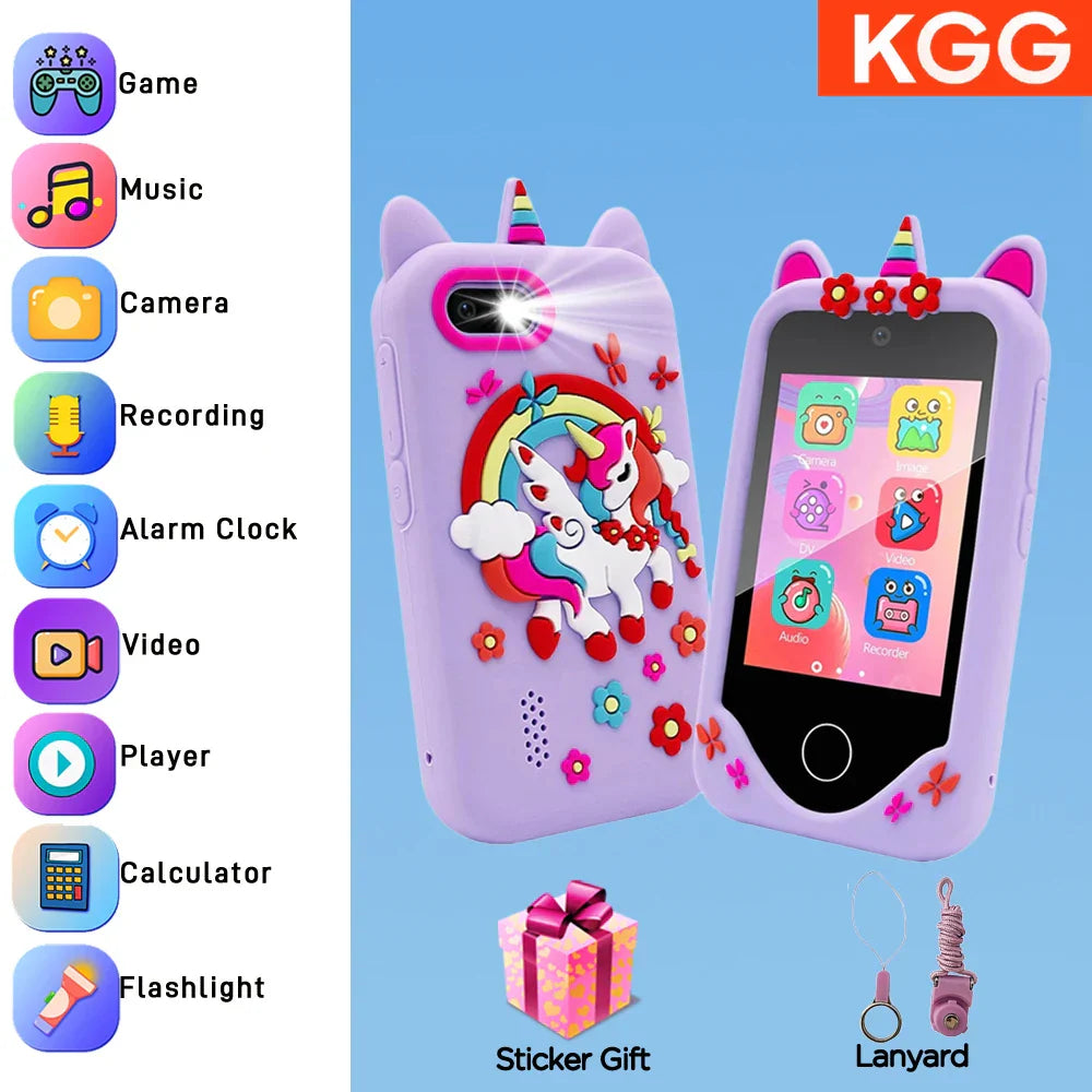 Purple unicorn-themed kids smart phone with cat ears, rainbow and flower decals, toys dual camera and music player features