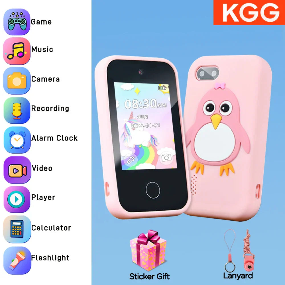 Pink kids smart phone with silicone case and matching lanyard featuring toys dual camera for toddler learning gifts