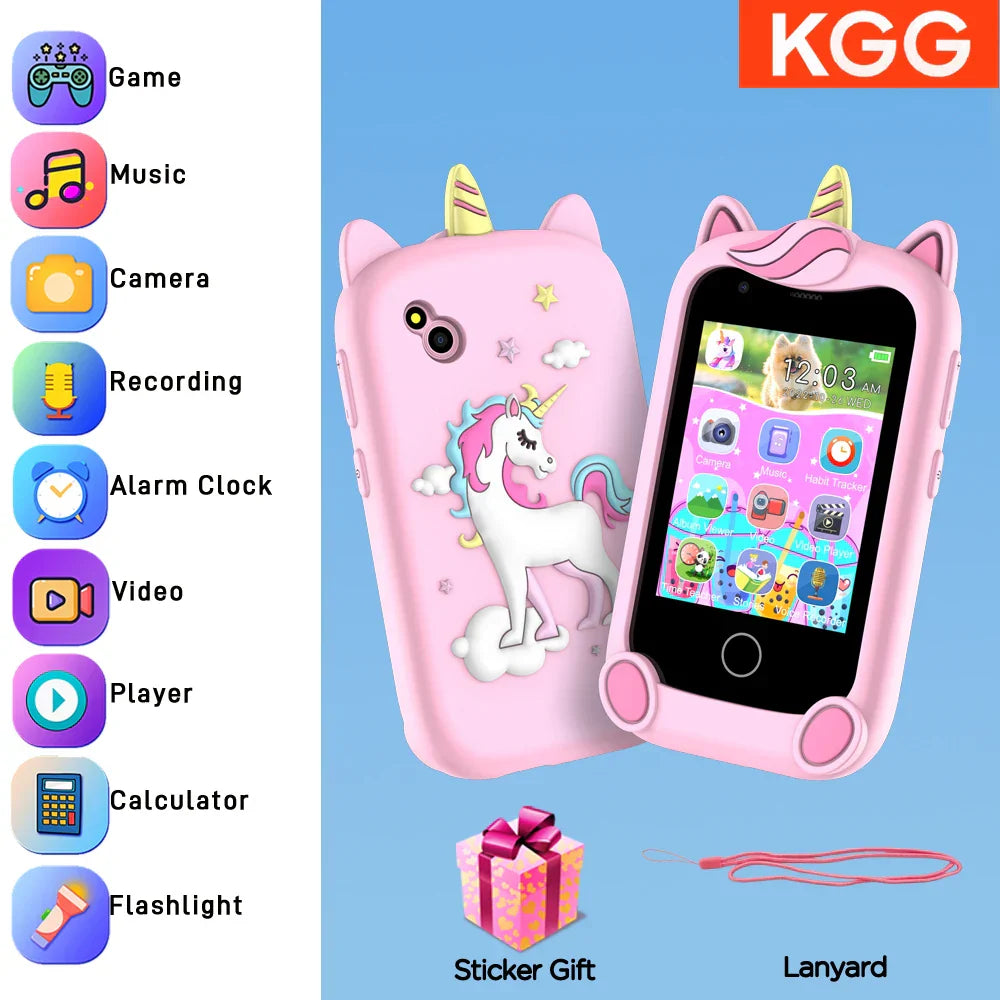 Pink unicorn-themed kids smart phone with soft silicone case and gold horn details for cell phone toys dual camera use