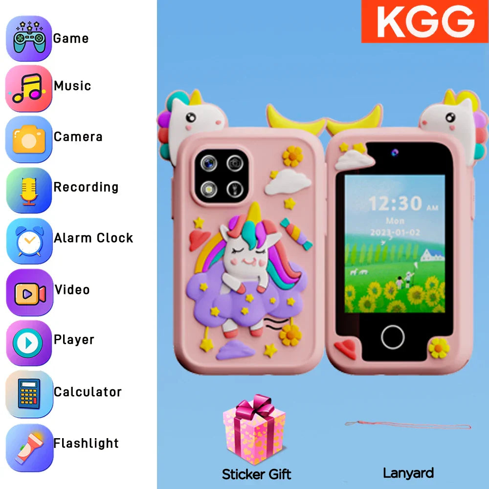 Pink unicorn-themed kids smart phone case with rainbow mane cloud design made of soft silicone for cell phone toys dual camera