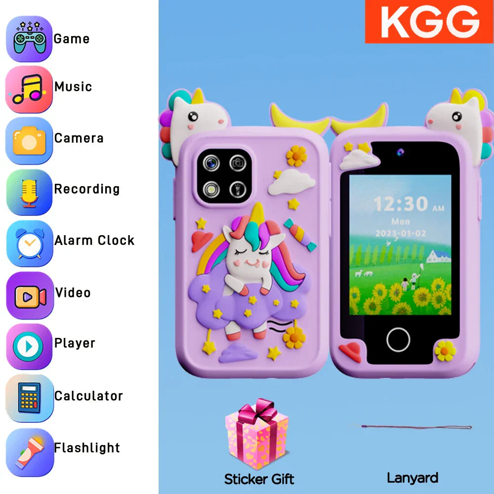 Purple unicorn-themed kids smart phone case with rainbow mane and cloud design made of soft silicone for cell phone toys dual camera