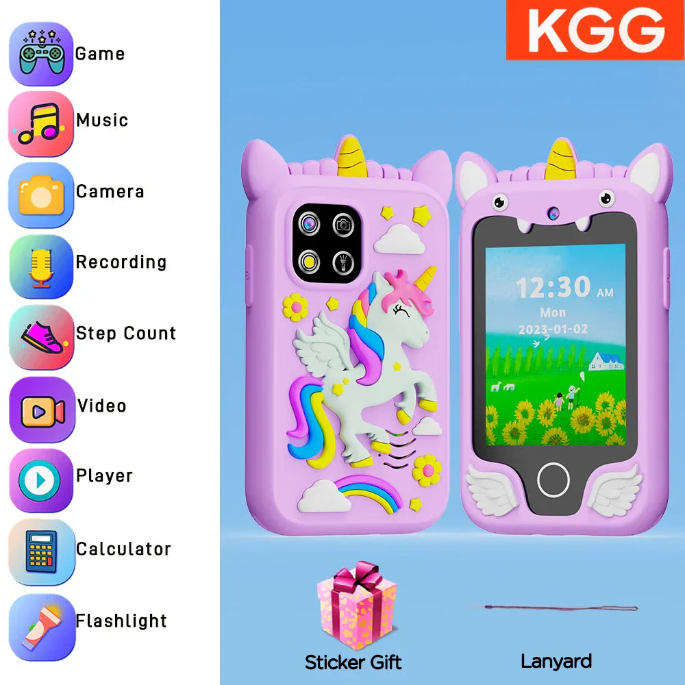 Pink unicorn-themed kids smart phone case with colorful rainbow mane wings made of soft silicone for cell phone toys dual camera