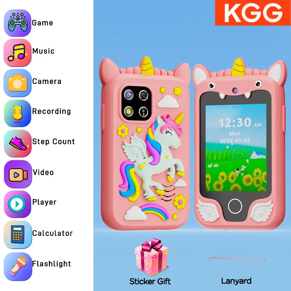 Pink unicorn-themed kids smart phone case with colorful rainbow mane and cloud decorations for toys dual camera cell phone toys