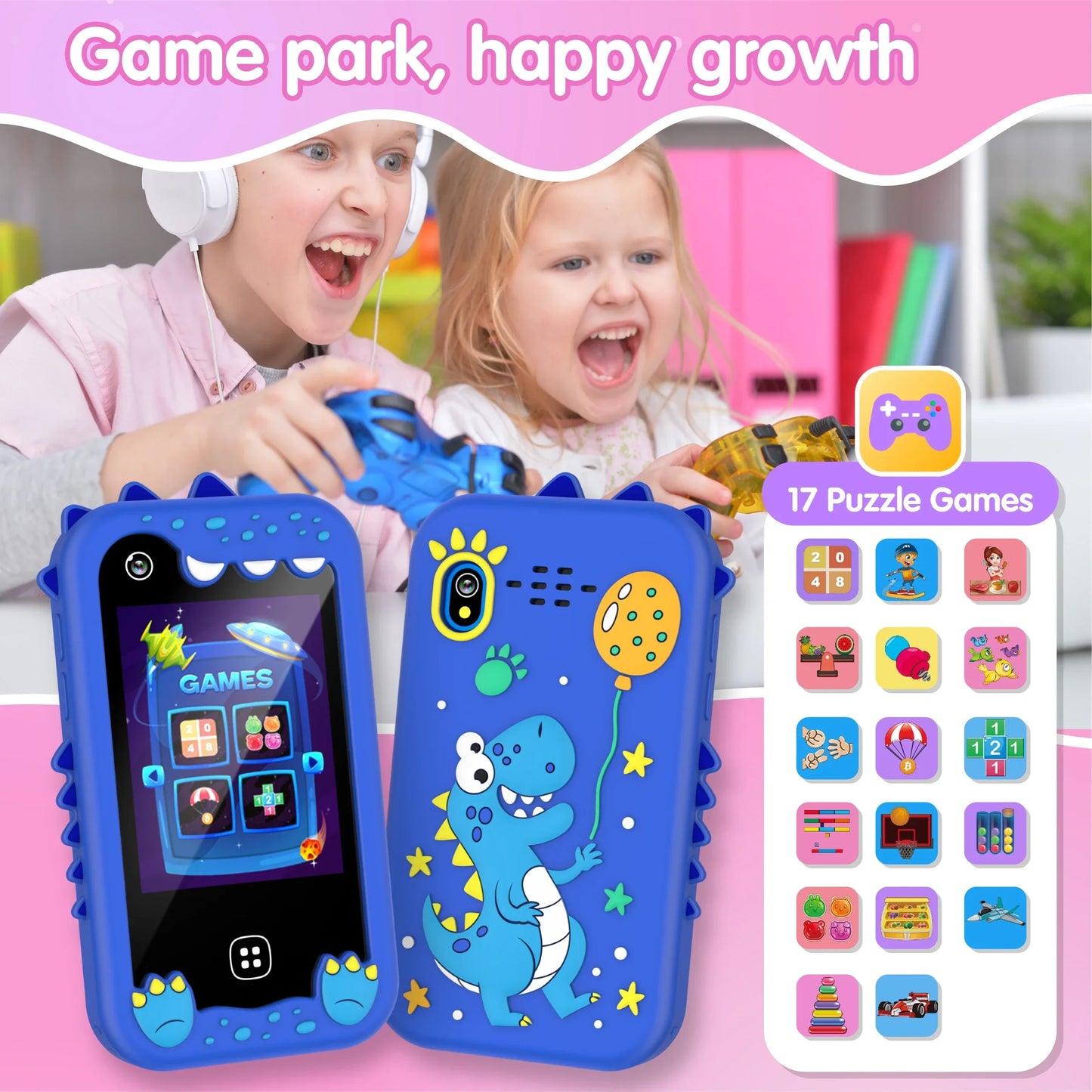 Blue dinosaur-themed kids smart phone with rugged silicone case featuring spikes and toys dual camera for learning play