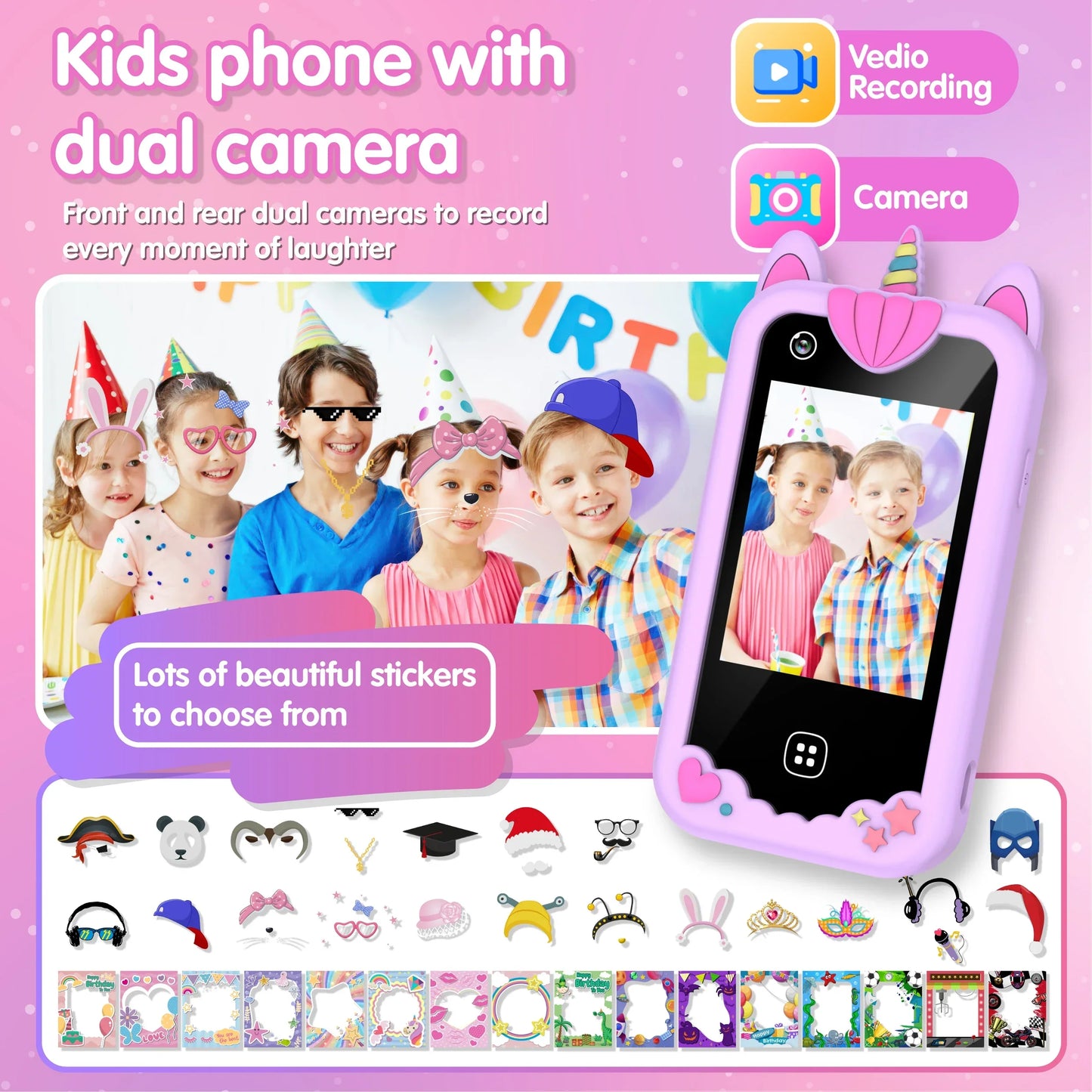 Pink unicorn-themed kids smart phone with toys dual camera heart-shaped cutouts and star details for birthday gifts