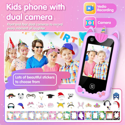 Pink unicorn-themed kids smart phone with toys dual camera heart-shaped cutouts and star details for birthday gifts