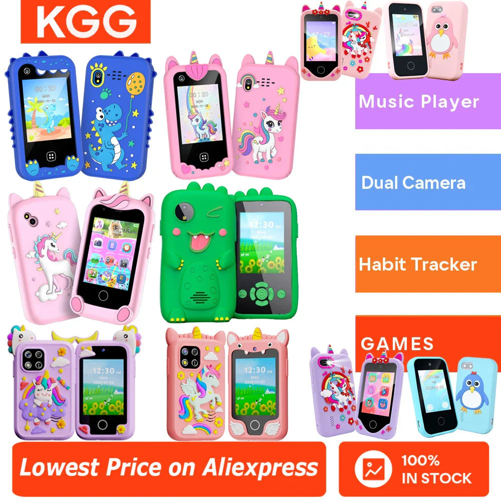 Pink unicorn-themed kids smart phone with rainbow star details kids cell phone toys with toys dual camera features