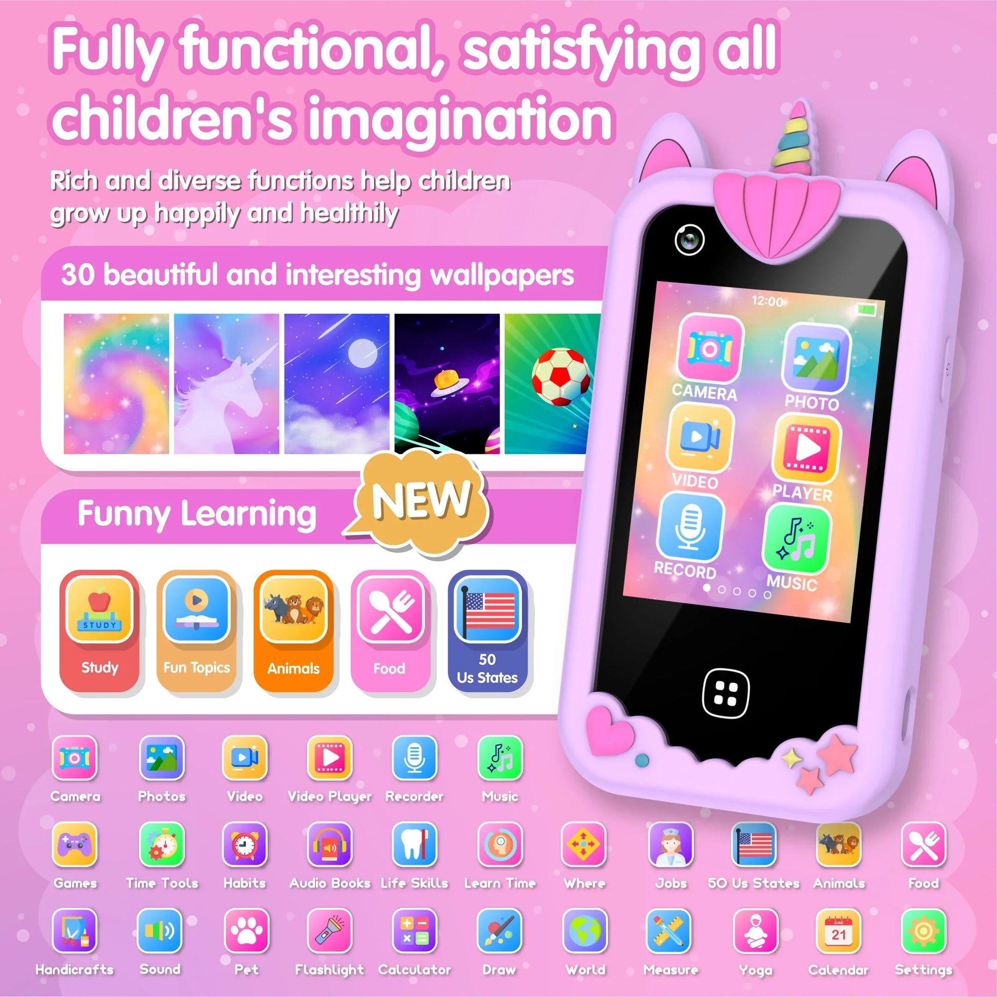 Pink unicorn-themed kids smart phone with colorful screen and toys dual camera for girls and boys birthday gifts