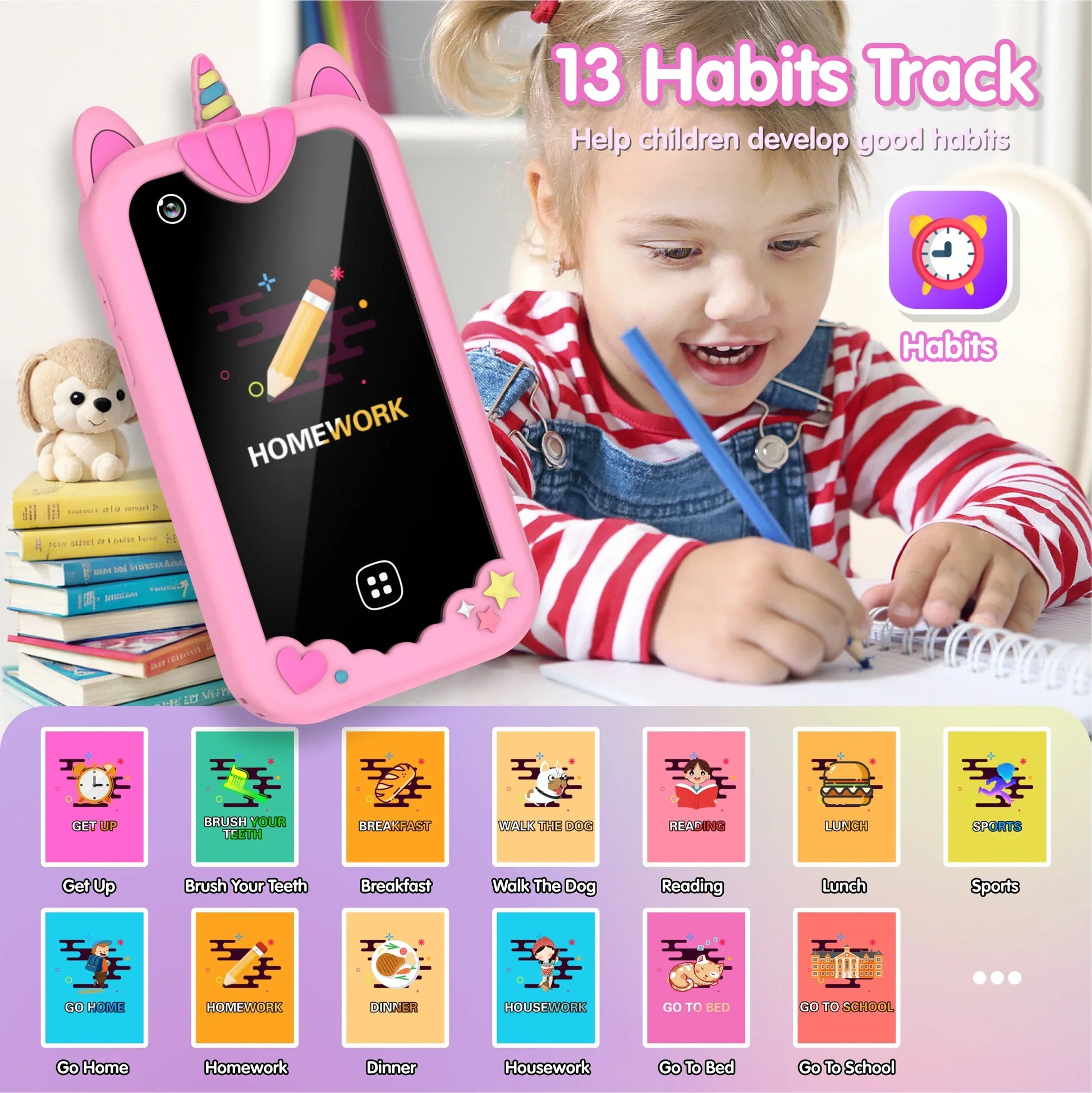 Pink unicorn-themed kids smart phone with protective case and colorful habit tracking icons featuring toys dual camera