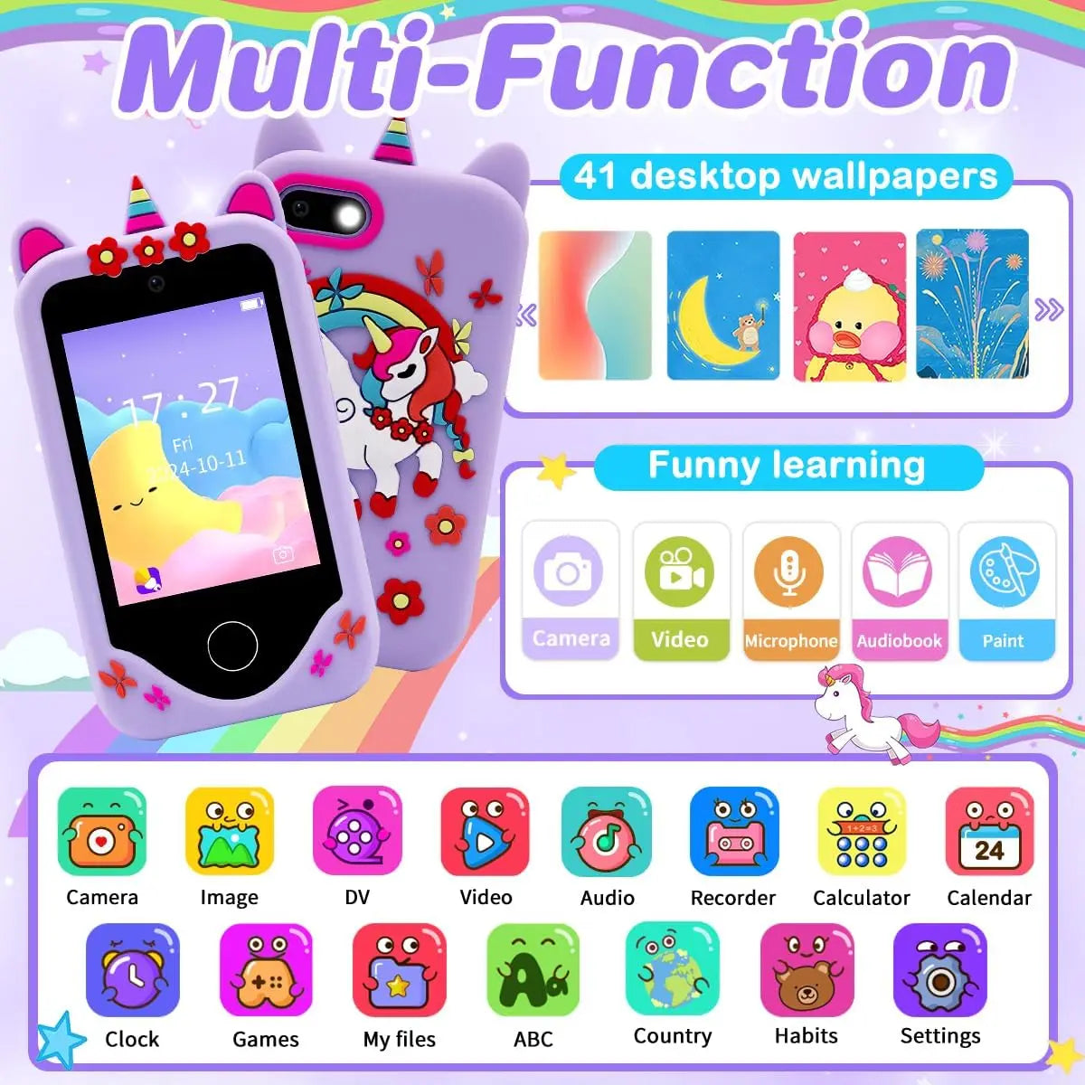 Purple unicorn-themed kids smart phone case with floral and butterfly decorations for toys dual camera cell phone toys