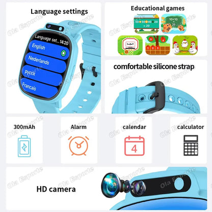 Light blue silicone strap with black buckle for kids smartwatch hd camera customize watch face birthday gift boy