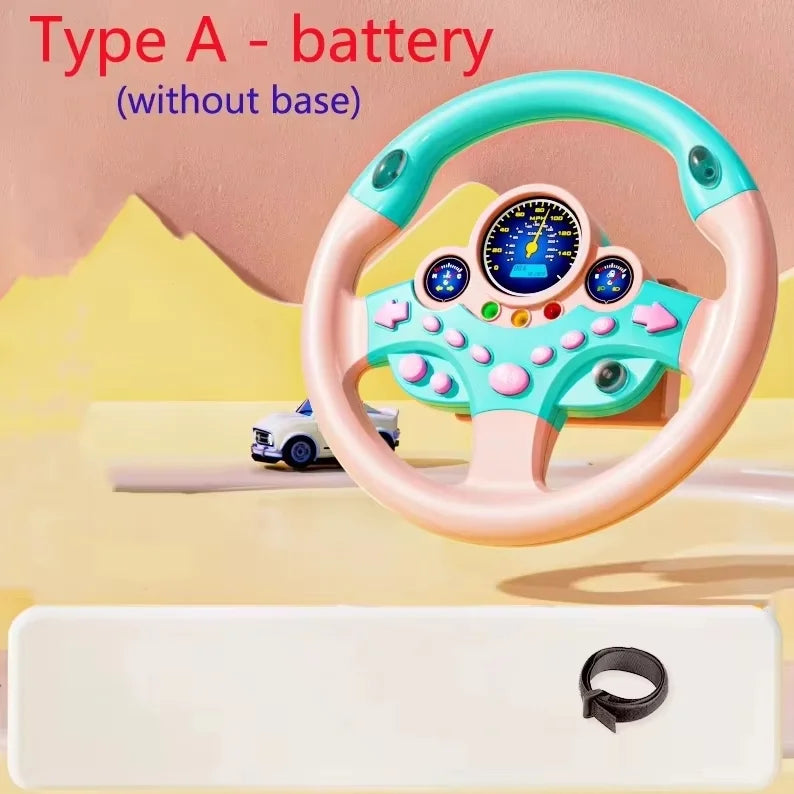 Pastel teal and peach plastic kids steering wheel toy with digital dashboard and lights for backseat pretend play driving simulator gift