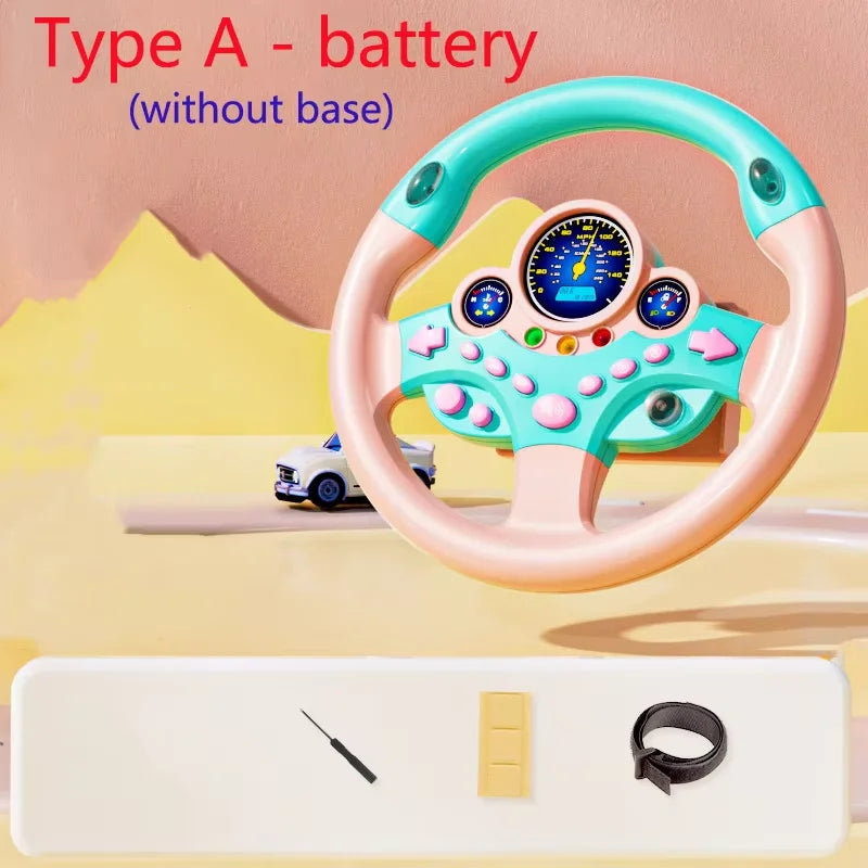 Pastel teal and peach plastic kids steering wheel toy with colorful buttons and lights for backseat pretend play driving simulator gift