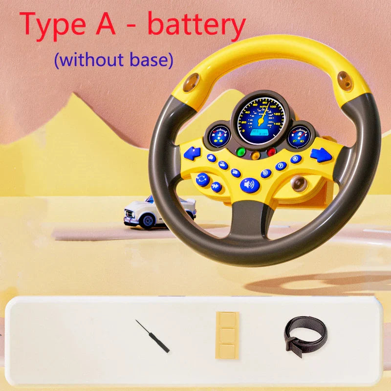 Bright yellow and black plastic kids steering wheel with digital dashboard, buttons, and lights for backseat pretend play driving simulator gift