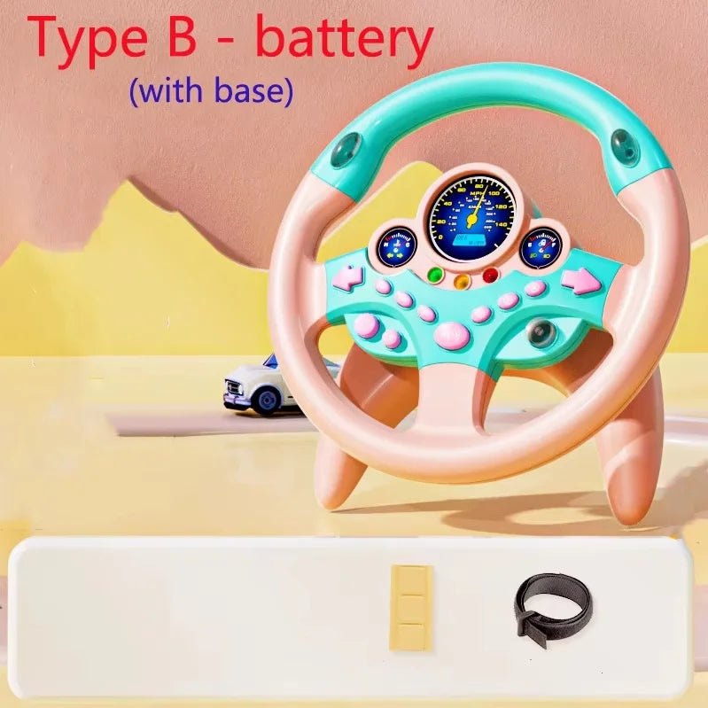 Pastel teal and peach kids steering wheel toy with digital dashboard and buttons for backseat pretend play driving simulator gift