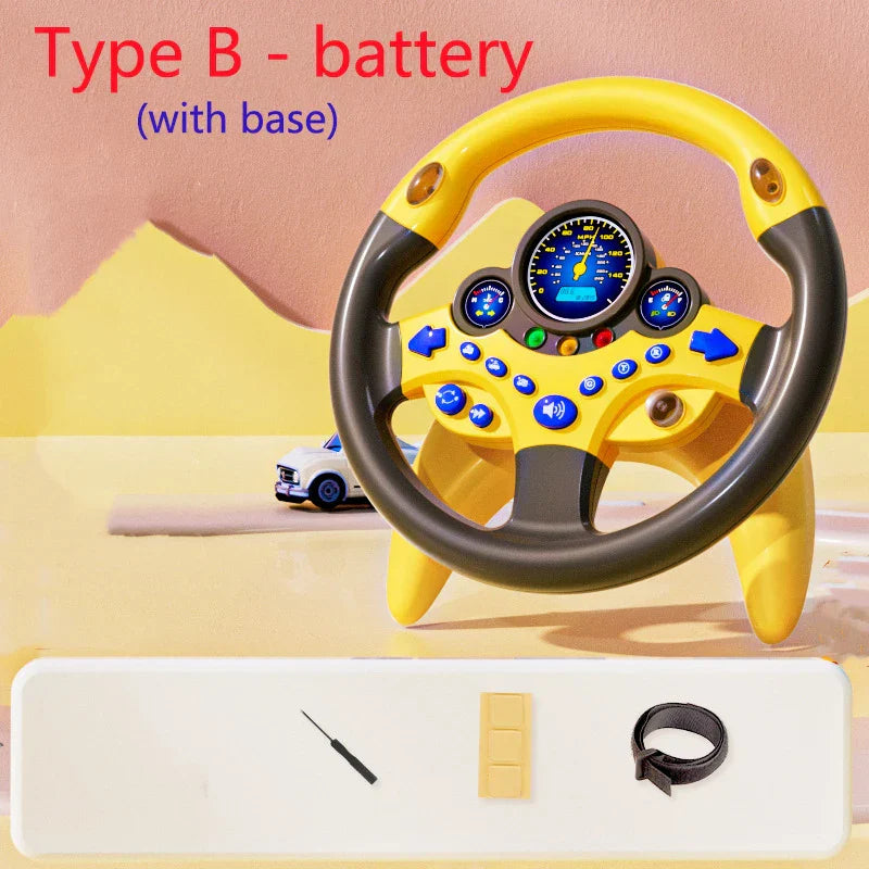 Yellow and black plastic kids steering wheel toy with illuminated dashboard for backseat pretend play driving simulator gift