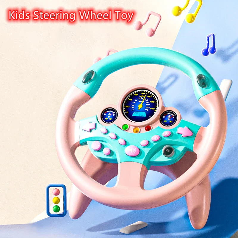 Pastel pink and teal plastic kids steering wheel toy with digital speedometer lights and buttons for backseat pretend play driving simulator gift