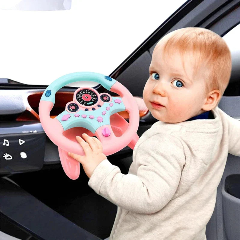 Pink and light blue plastic kids steering wheel toy with digital dashboard for backseat pretend play driving simulator gift