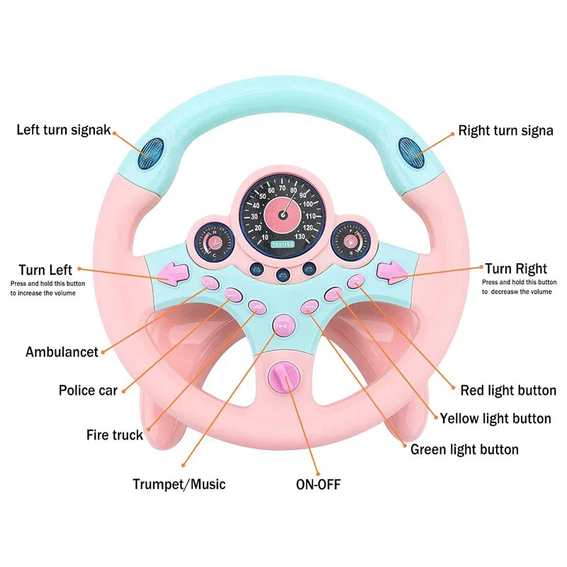 Pink and light blue plastic kids steering wheel toy with sound effects lights for backseat pretend play and driving simulator gift