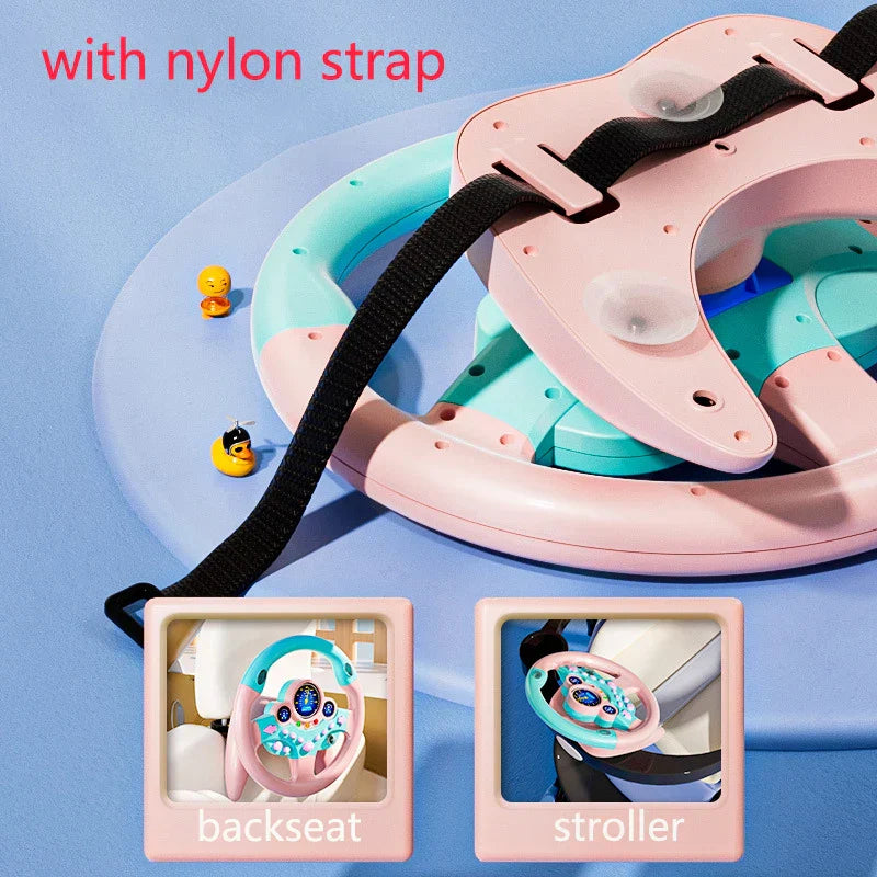 Pink and teal plastic kids steering wheel with black nylon strap for backseat pretend play driving simulator gift