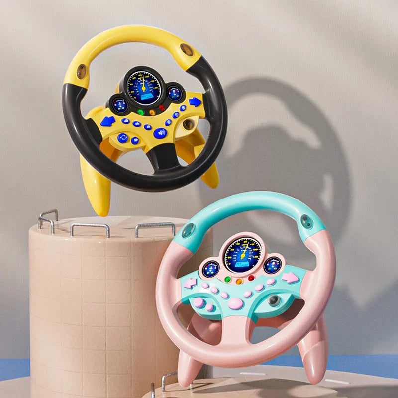 Yellow and black kids steering wheel toy with blue buttons and digital display for backseat pretend play driving simulator gift