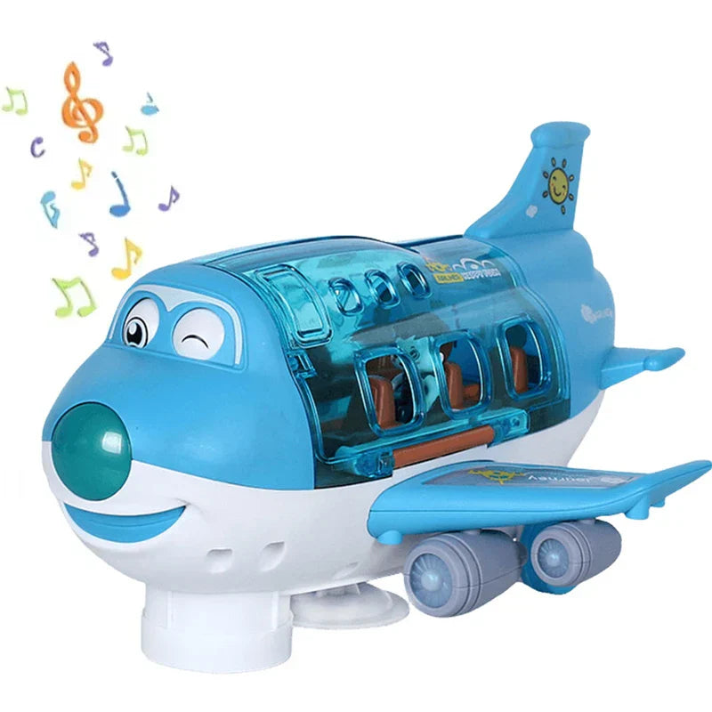 Blue and white plastic electric plane aircraft toy with smiling face and transparent turquoise cockpit for children gifts