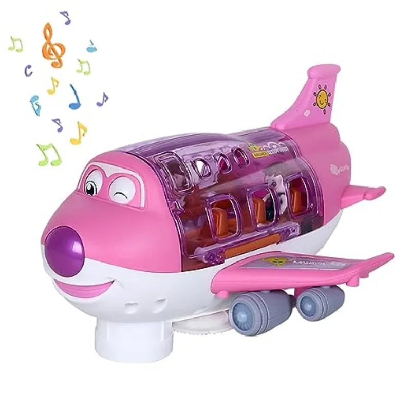 Pink and purple electric plane aircraft toy with smiling face and transparent cockpit airplane model music simulation boy gift