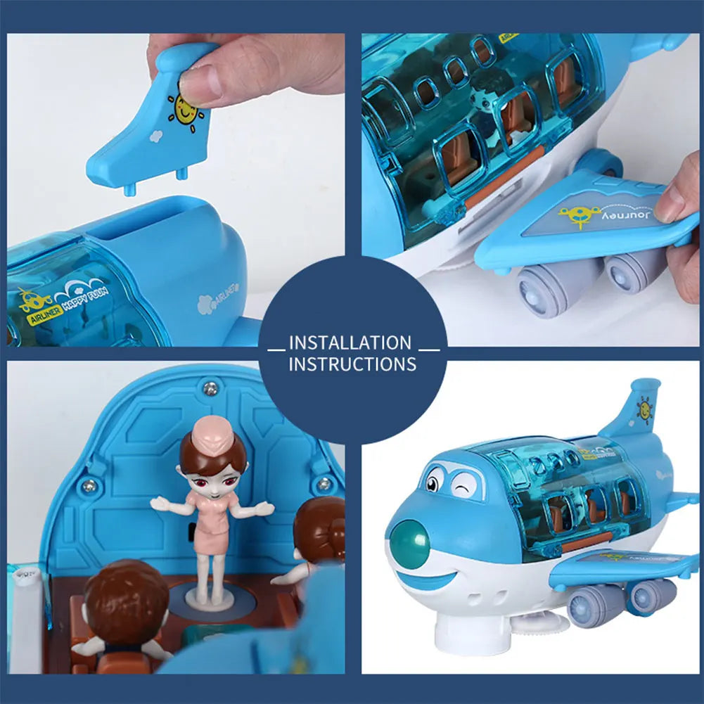 Blue and transparent plastic electric plane aircraft toy with cartoon pilots music simulation boy children gift
