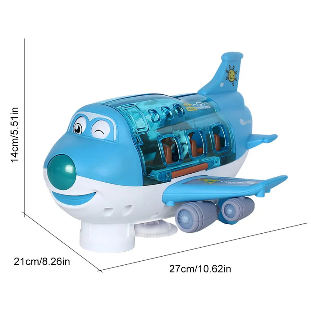 A cheerful blue and white electric plane aircraft toy with smiling face, transparent cockpit, orange seats, and sun emblem