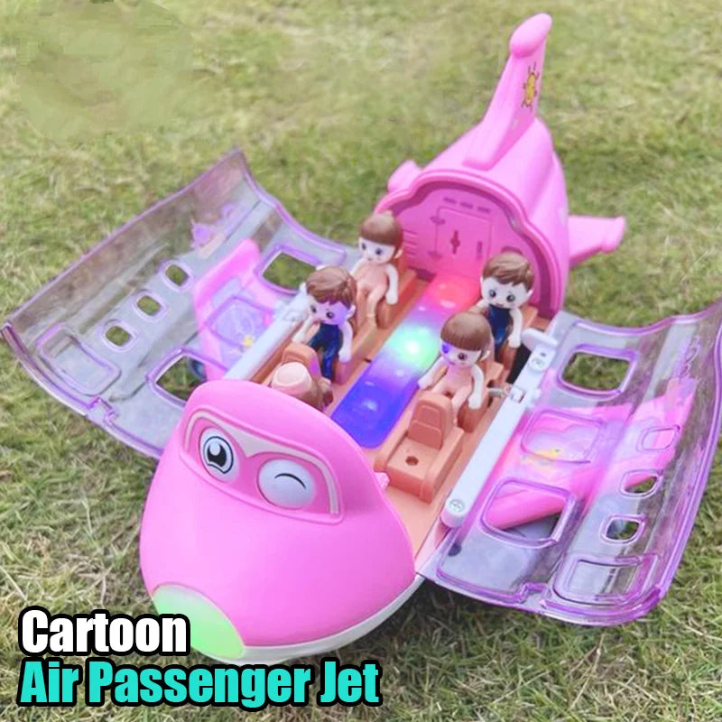Pink electric plane aircraft toy with clear plastic wings and glowing blue cabin light for music simulation boy use