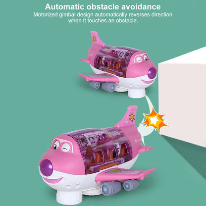 Pink and white electric plane aircraft toy with transparent purple cockpit featuring music simulation boy design for children