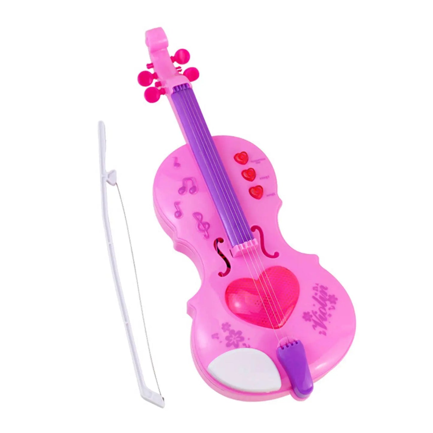 Pink plastic kids violin toy with purple neck, red heart-shaped sound hole, and musical note decals electric music violin instrument