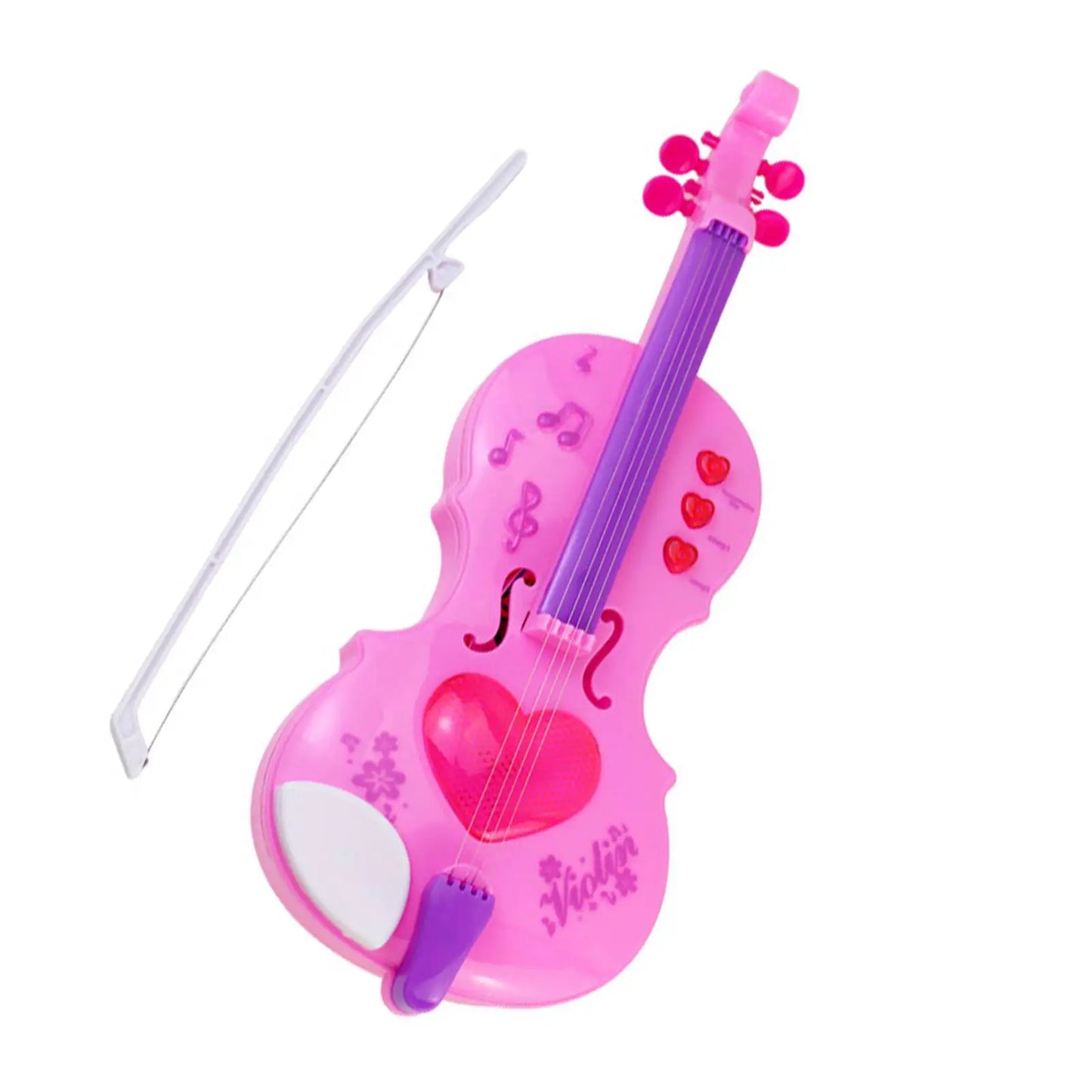 Pink plastic kids violin toy with purple neck and heart design electric music violin instrument for kids with sounds