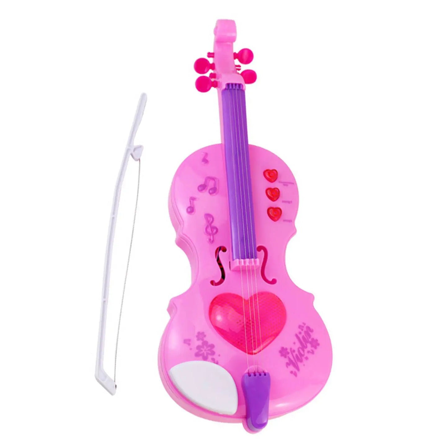 Pink plastic kids violin toy with purple strings heart design musical notes and red buttons electric music violin