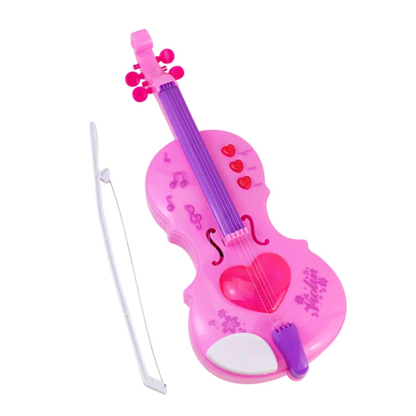 Kids violin toy pink plastic electric music violin with purple accents and heart shaped soundhole for music play