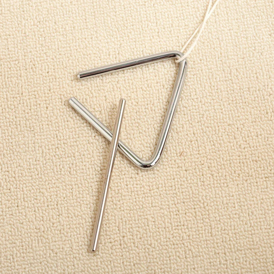 Shiny silver metal triangle percussion instrument with mallet in kids wooden montessori squirrel percussion instruments set