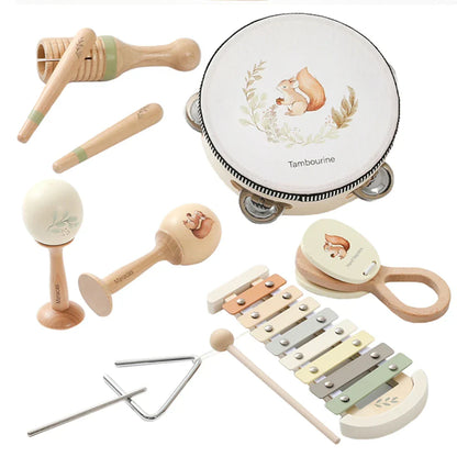 Wooden tambourine with white face featuring illustrated squirrel in wreath and tambourine text for kids wooden montessori toys musical