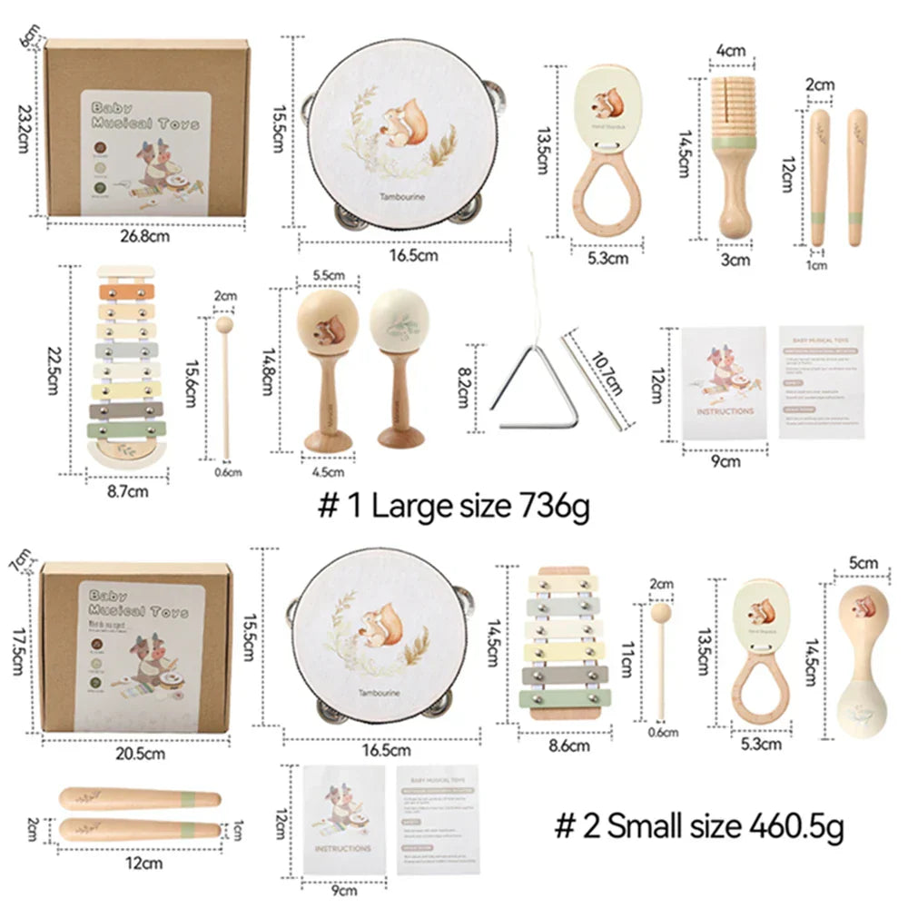Kids wooden montessori tambourine with pastel squirrel percussion instruments design made of wood and plastic for preschool use