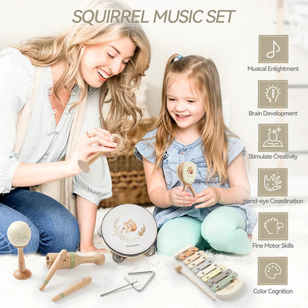 Wooden squirrel percussion instruments with colorful keys natural wood finish kids wooden montessori musical toys